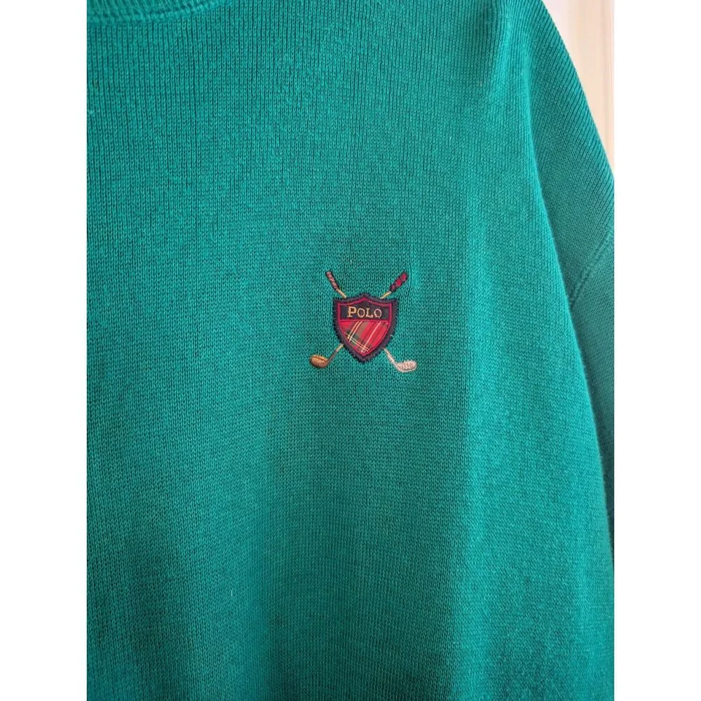 Vintage Polo Golf Ralph Lauren Men's Large Green Crest Crewneck Sweater